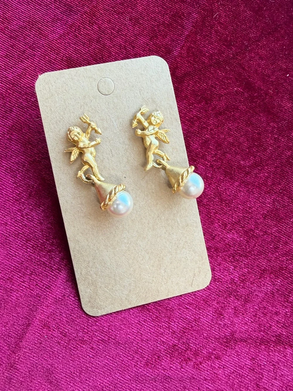 Jim Shore Yellow Gold Toned Angel Cherub Pearl Drop Earrings